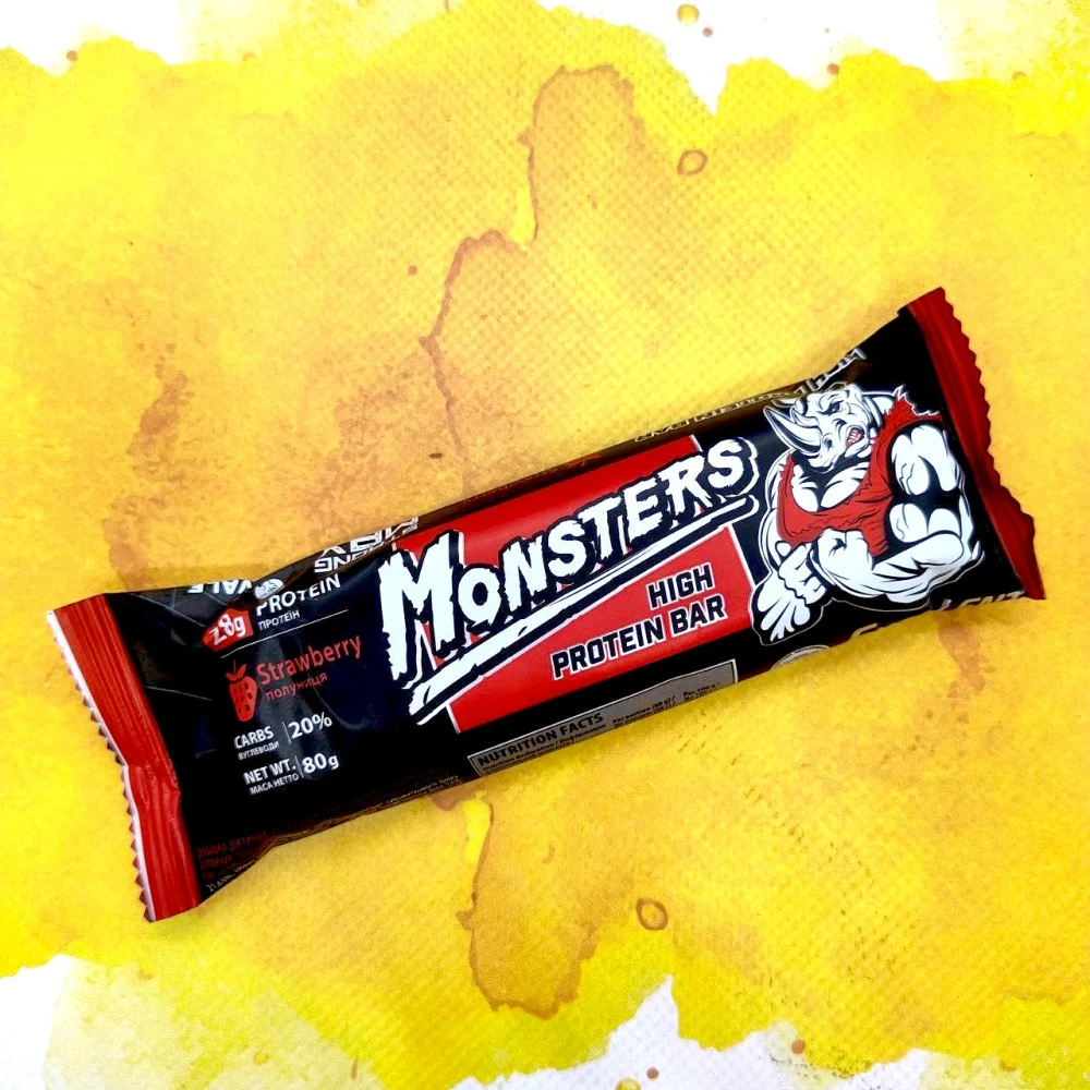 Monsters Батончики High Protein Bar 20х80 грам 20 батончиків по 80 грам, Strawberry (полуниця)