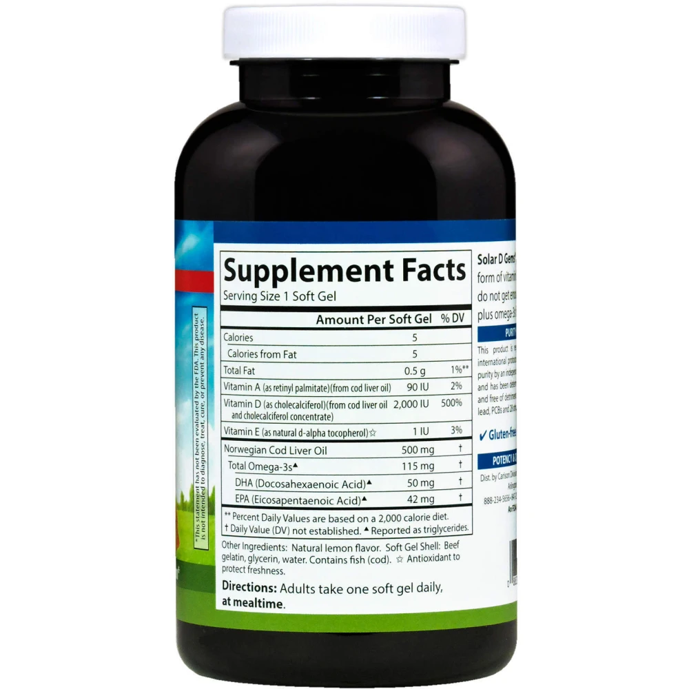 Carlson Labs Solar D Gems Natural Lemon Flavor 2000 IU