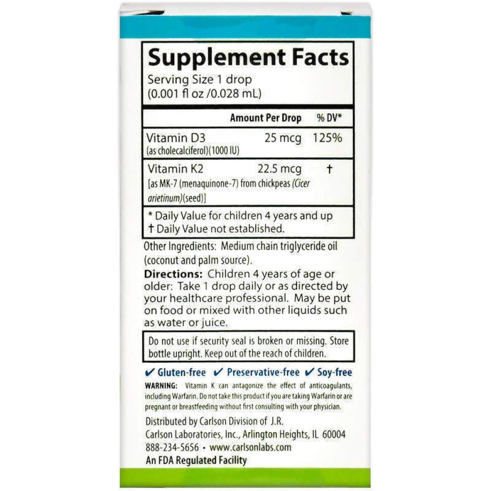 Carlson Labs Kids Super Daily D3K2 25 mcg (1000 IU) & 22.5